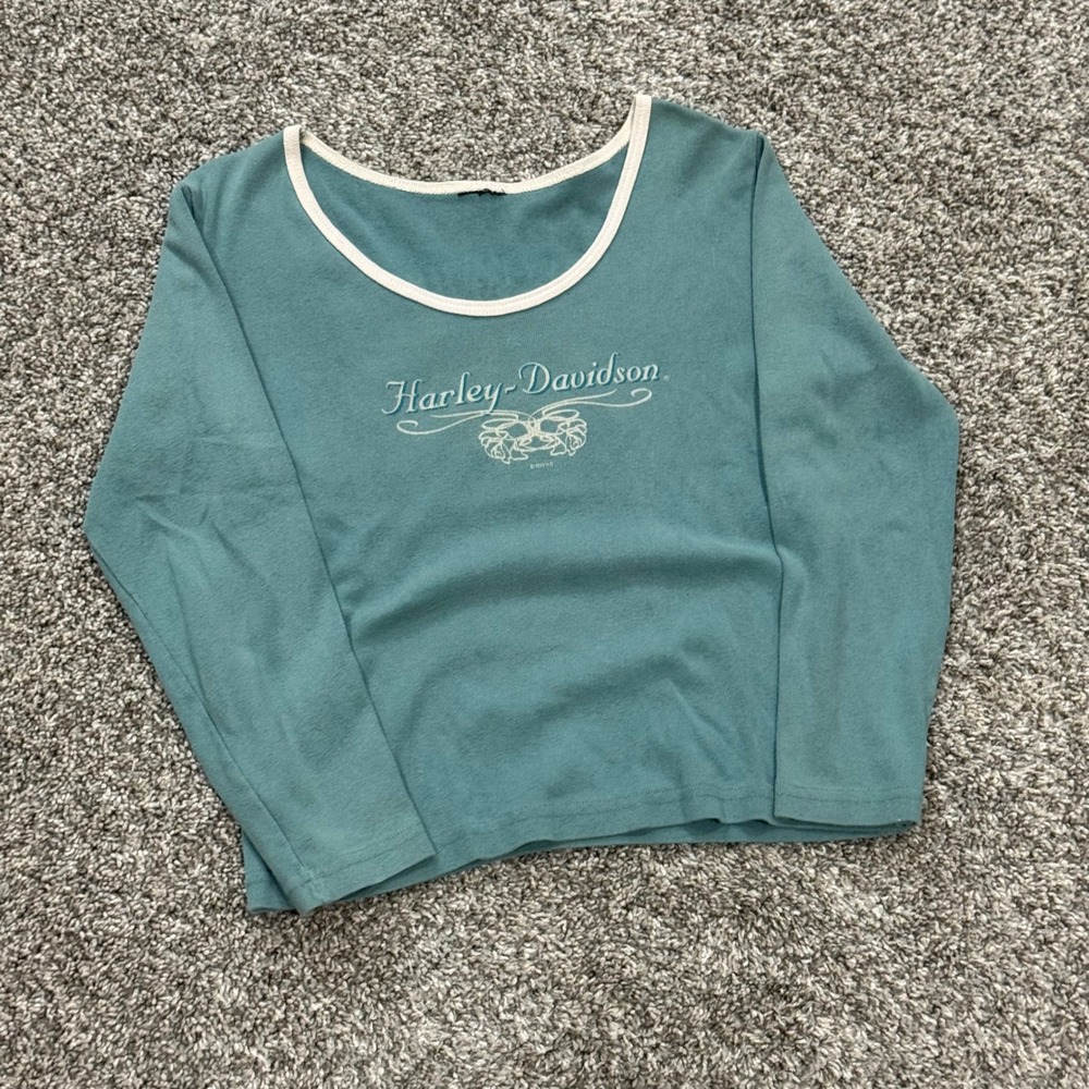 Vintage 1995 Harley-Davidson Womens Long Sleeve Ringer Tee Teal Size M Duluth MN